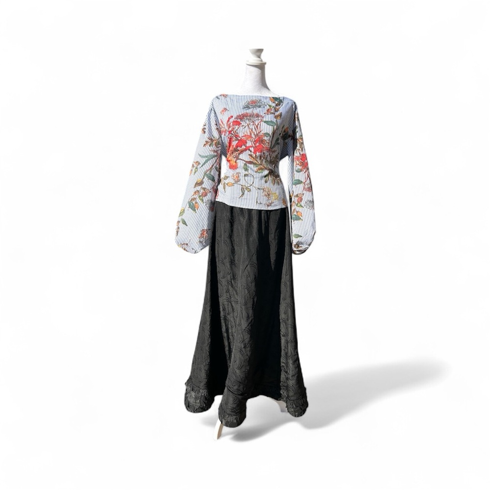 Vintage Black Jacquard Full-Length Skirt with Ruffled Hem – Restoration Piece